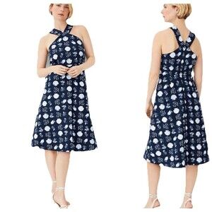 Ann Taylor Linen Blend Navy Seashell Print Halter Midi Dress Size 6 Beach Resort